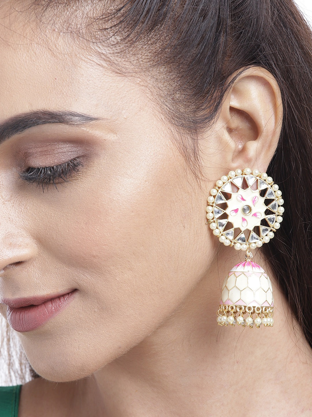 Gold-Plated Kundan and beads Studded Handcrafted Jhumka with Peal drop