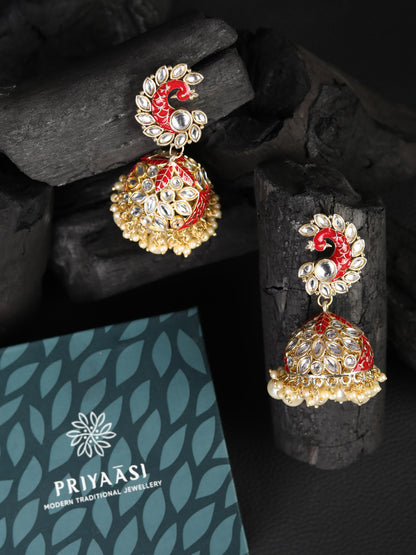 Red Beads Pearls Stones Gold Plated Peacock Jhumka Earring