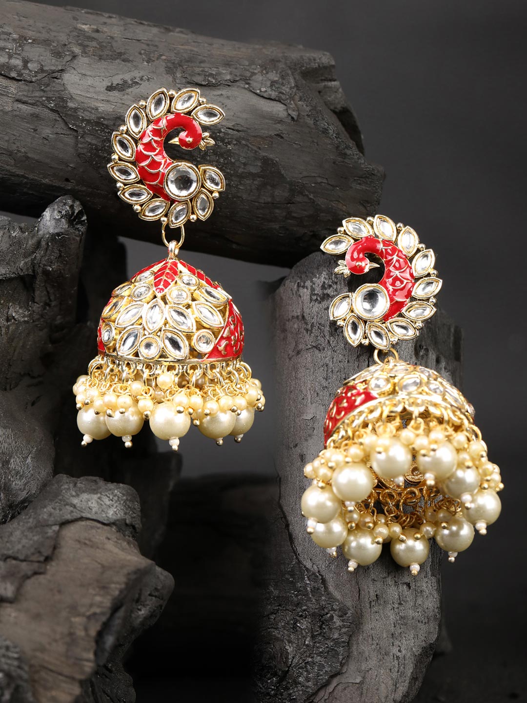 Red Beads Pearls Stones Gold Plated Peacock Jhumka Earring