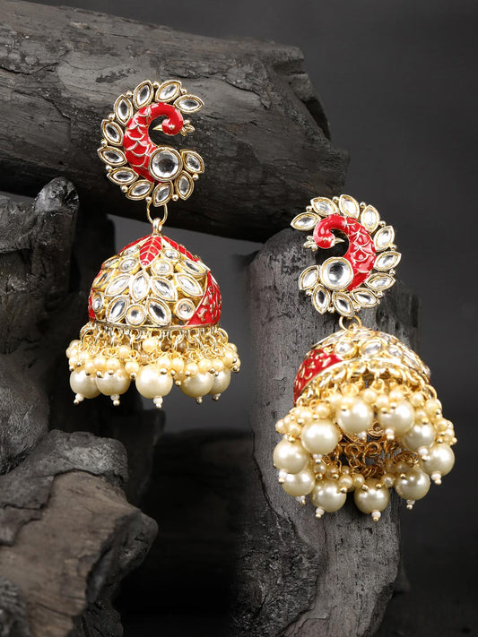 Red Beads Pearls Stones Gold Plated Peacock Jhumka Earring