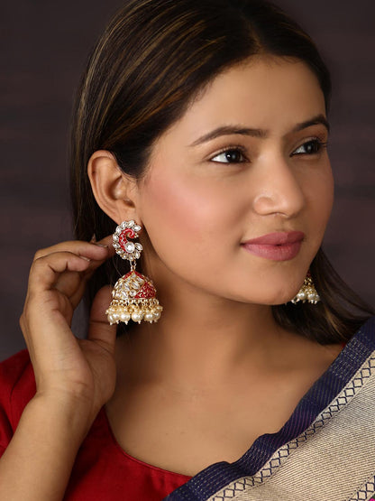 Red Beads Pearls Stones Gold Plated Peacock Jhumka Earring