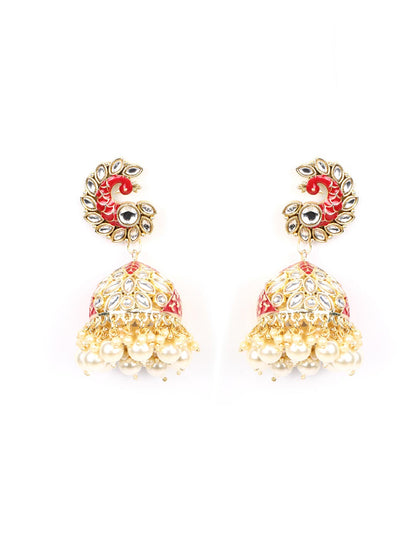 Red Beads Pearls Stones Gold Plated Peacock Jhumka Earring