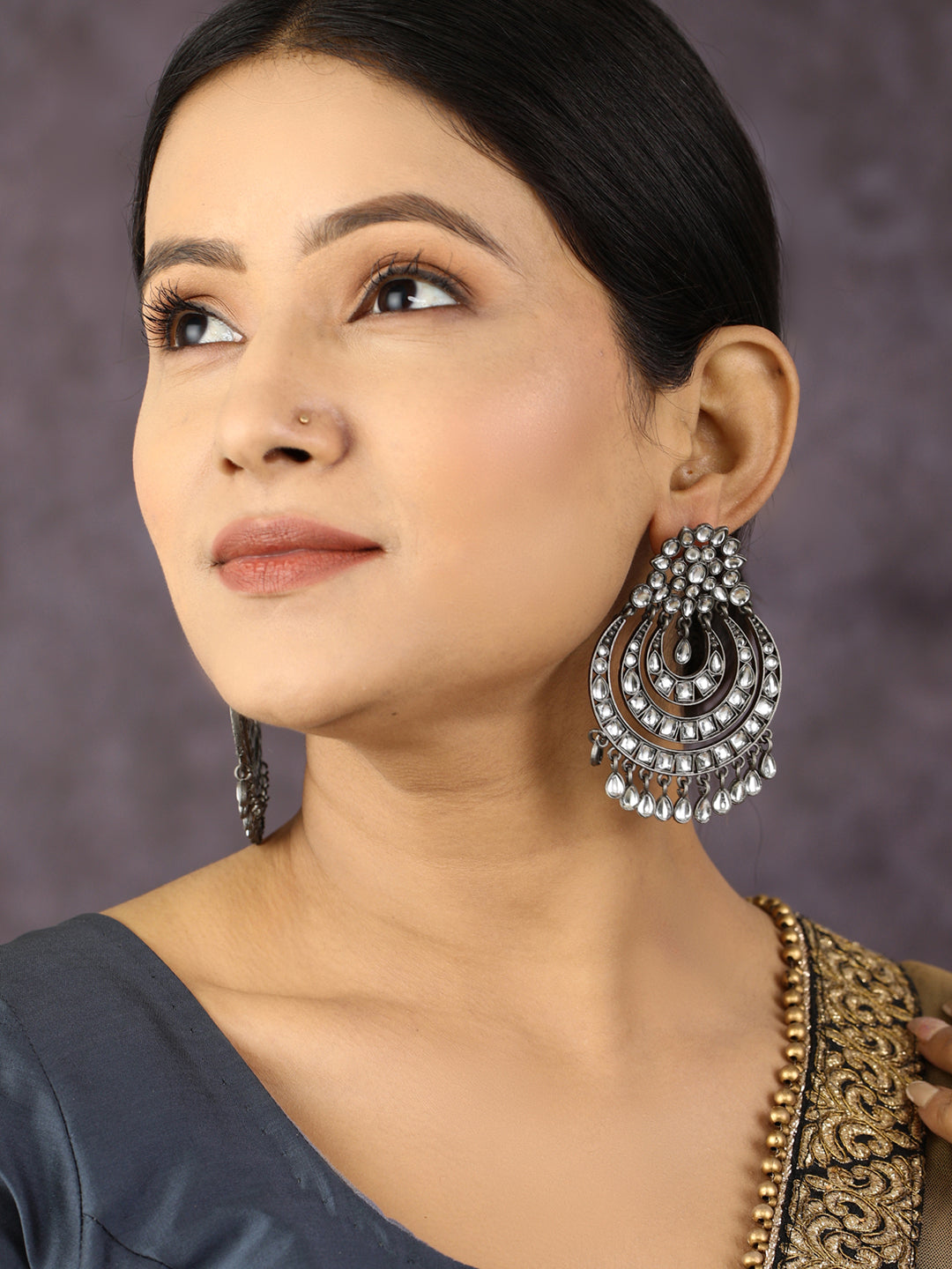 Black Kundan Gunmetal Plated Traditional Drop Earring