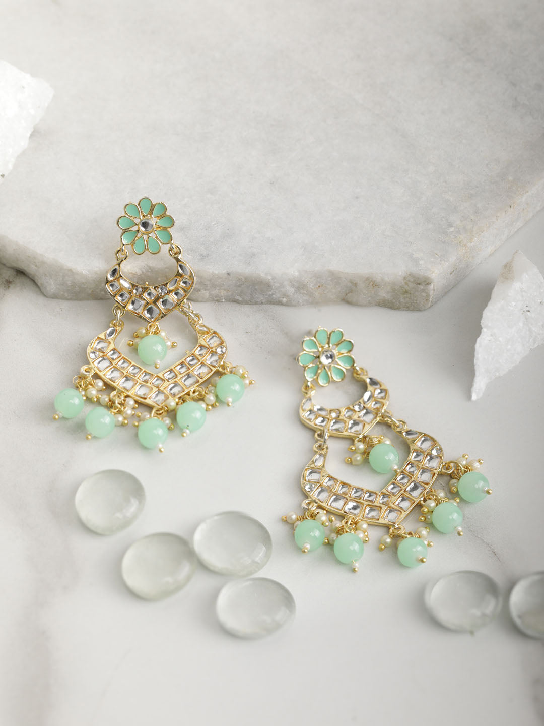 Turquoise Blue Pearls Kundan Beads Gold Plated Traditional Drop Earring