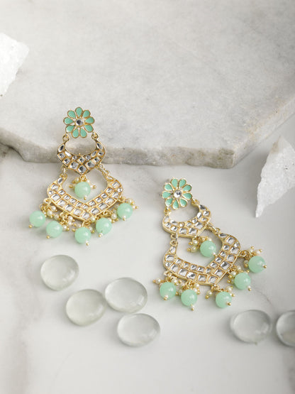Turquoise Blue Pearls Kundan Beads Gold Plated Traditional Drop Earring