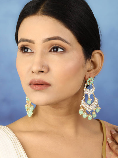 Turquoise Blue Pearls Kundan Beads Gold Plated Traditional Drop Earring