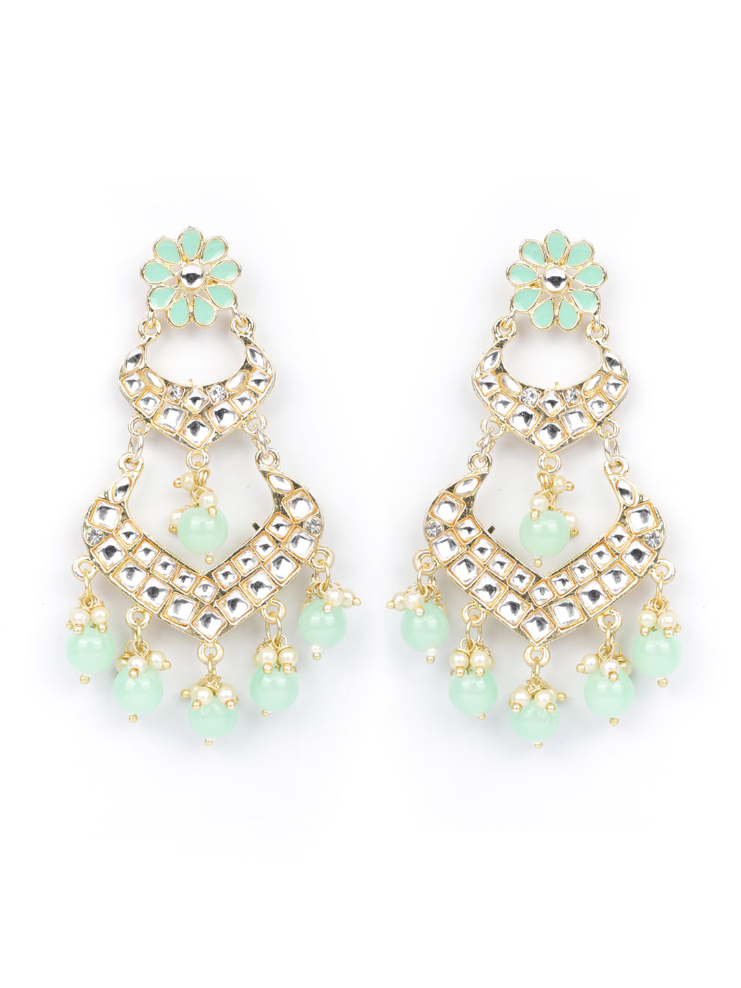 Turquoise Blue Pearls Kundan Beads Gold Plated Traditional Drop Earring