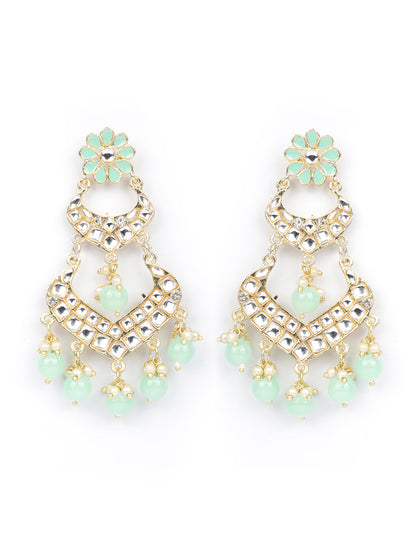 Turquoise Blue Pearls Kundan Beads Gold Plated Traditional Drop Earring
