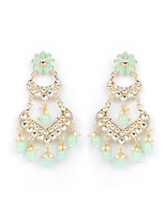 Turquoise Blue Pearls Kundan Beads Gold Plated Traditional Drop Earring