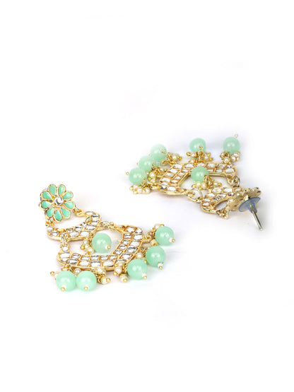 Turquoise Blue Pearls Kundan Beads Gold Plated Traditional Drop Earring