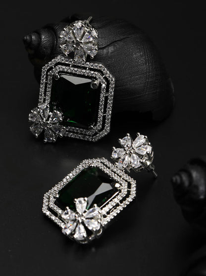 Emerald American Diamond Silver Plated Floral Drop Earring