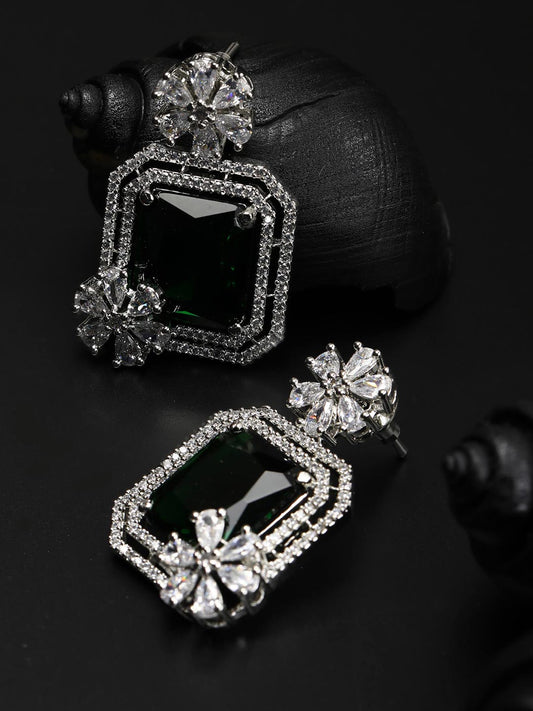 Emerald American Diamond Silver Plated Floral Drop Earring