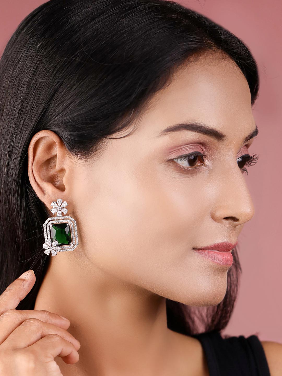 Emerald American Diamond Silver Plated Floral Drop Earring