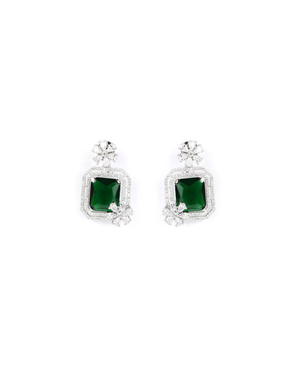 Emerald American Diamond Silver Plated Floral Drop Earring