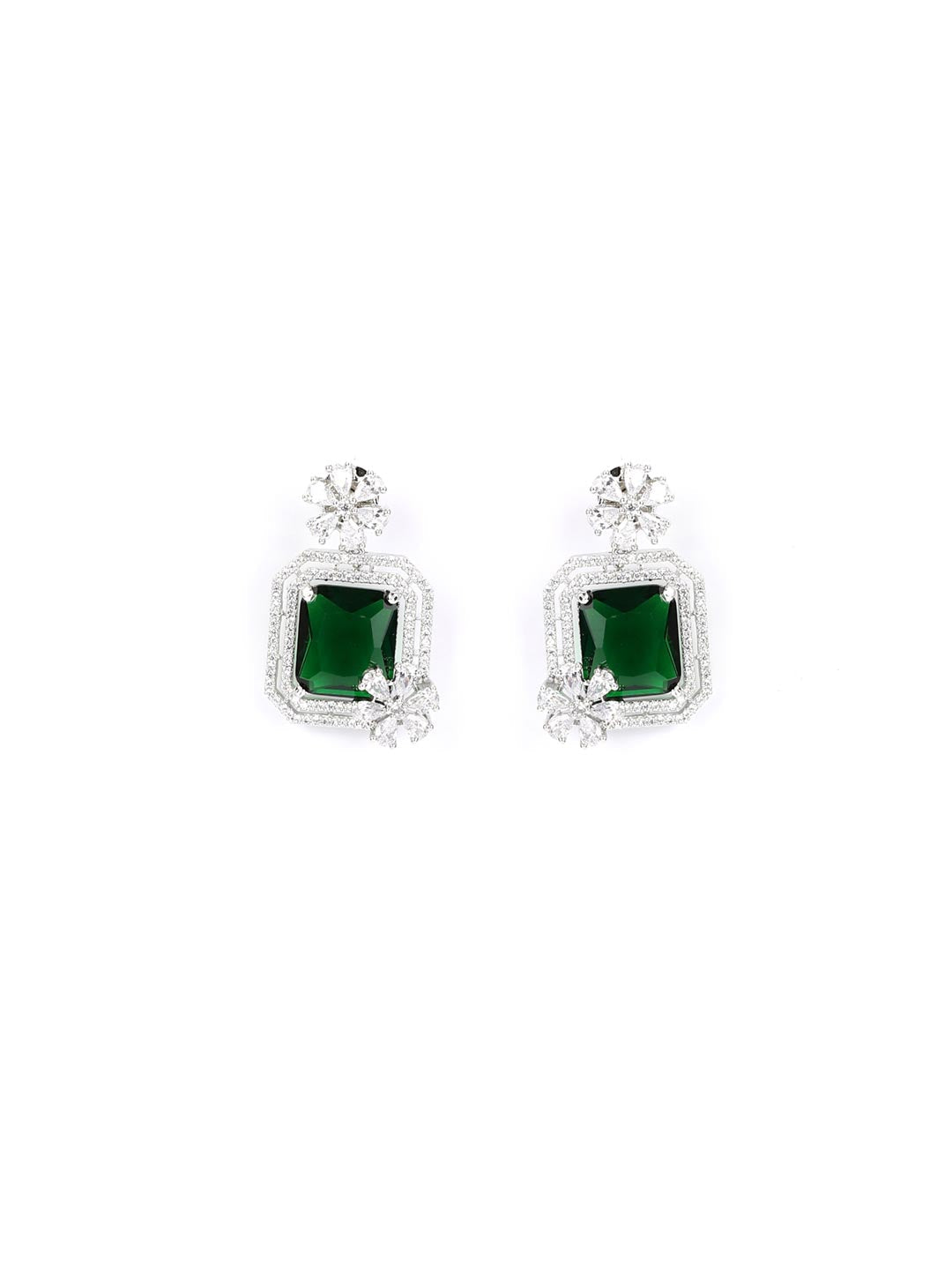 Emerald American Diamond Silver Plated Floral Drop Earring