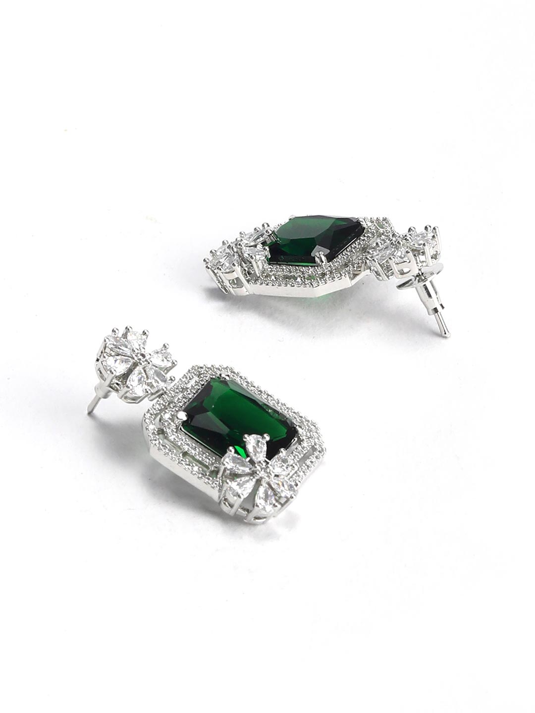 Emerald American Diamond Silver Plated Floral Drop Earring