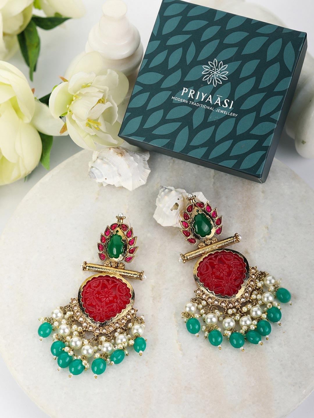 Red Green Pearls Beads Stones Gold Plated Drop Earring