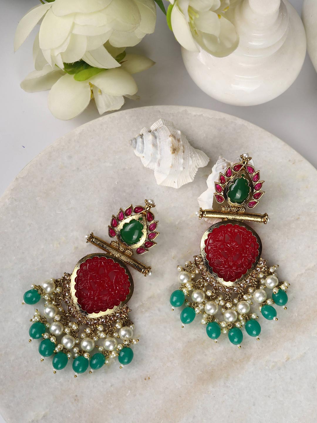 Red Green Pearls Beads Stones Gold Plated Drop Earring