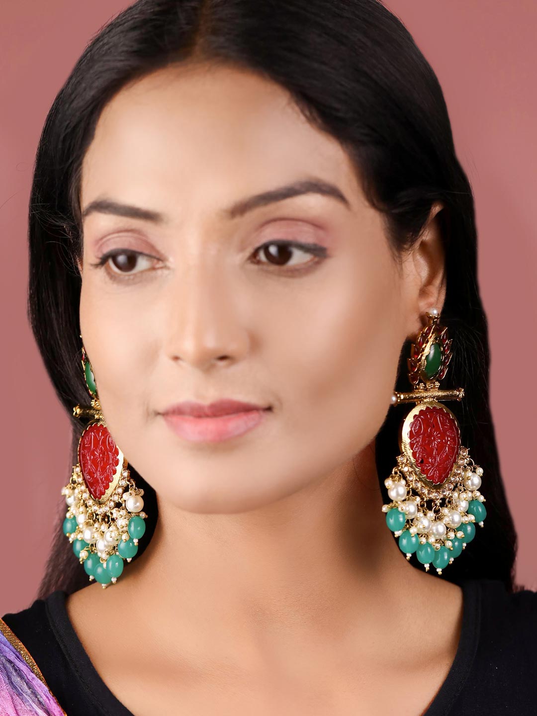 Red Green Pearls Beads Stones Gold Plated Drop Earring