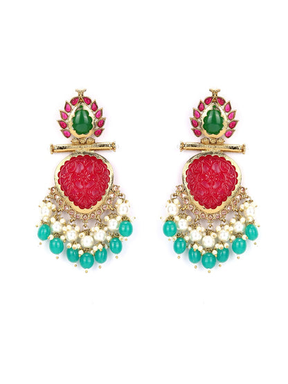 Red Green Pearls Beads Stones Gold Plated Drop Earring