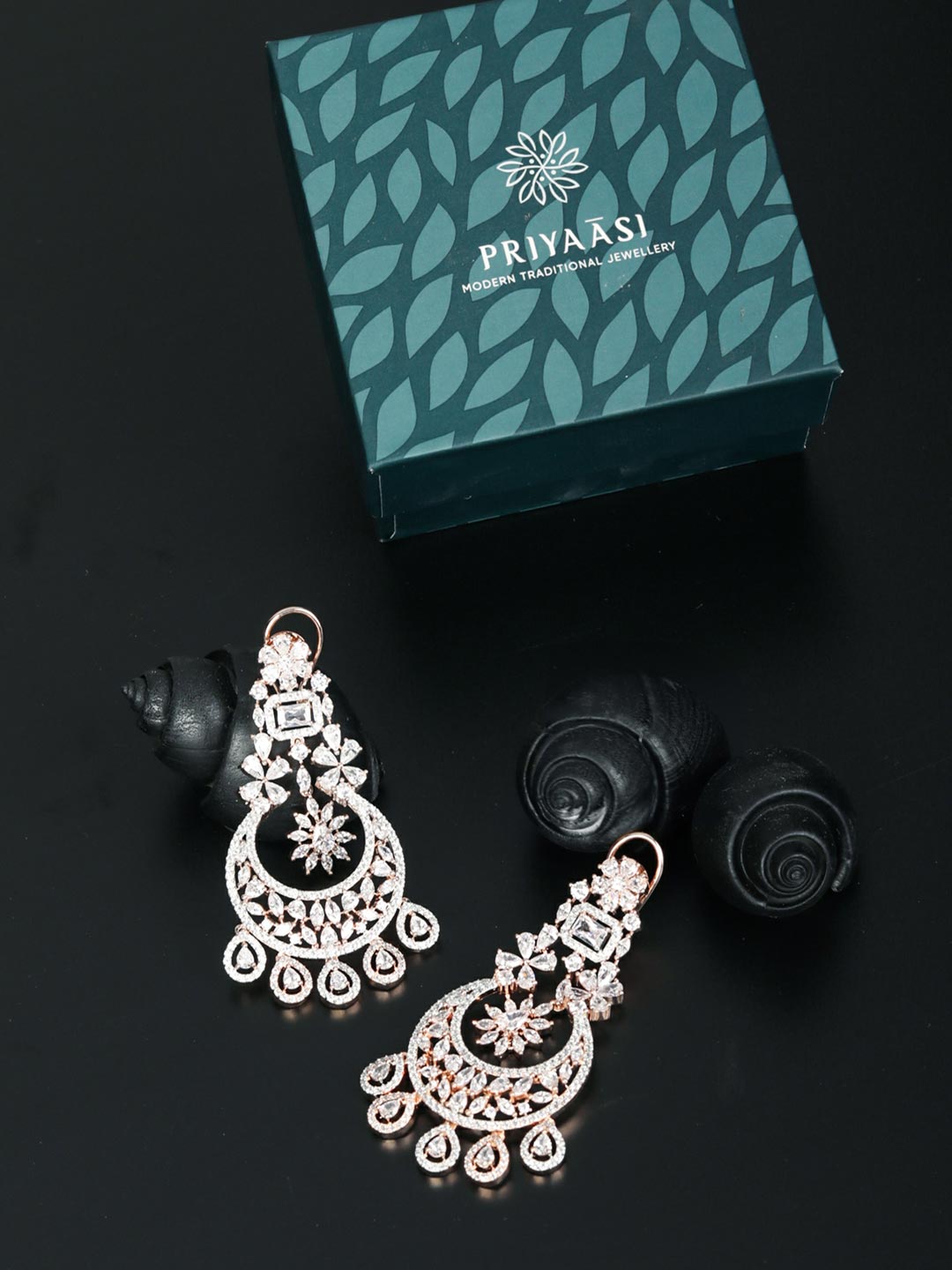 American Diamond Rose Gold Plated Crescent Drop Earring
