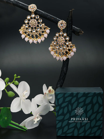 Pink Grey Pearls Kundan Gold Plated Drop Earring