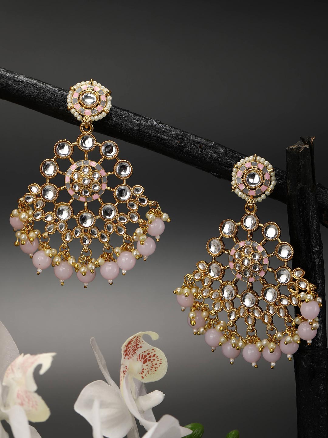 Pink Grey Pearls Kundan Gold Plated Drop Earring