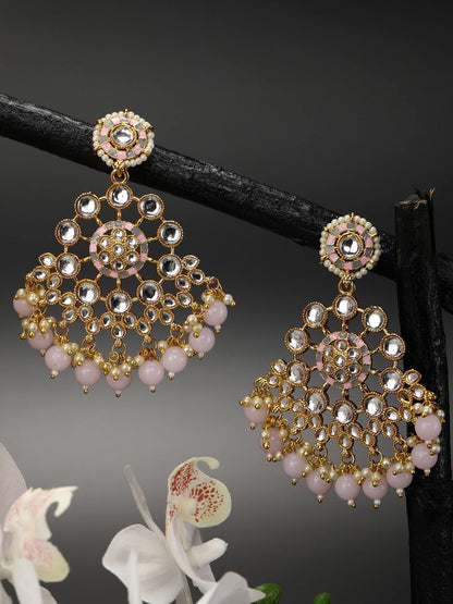 Pink Grey Pearls Kundan Gold Plated Drop Earring