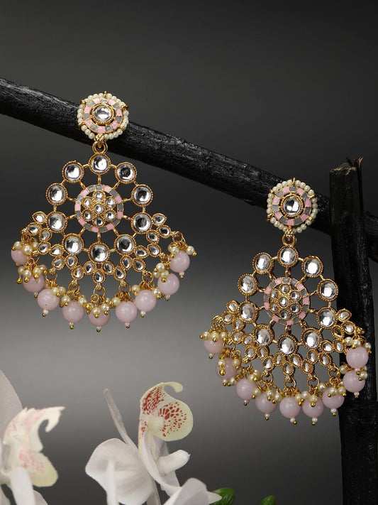 Pink Grey Pearls Kundan Gold Plated Drop Earring