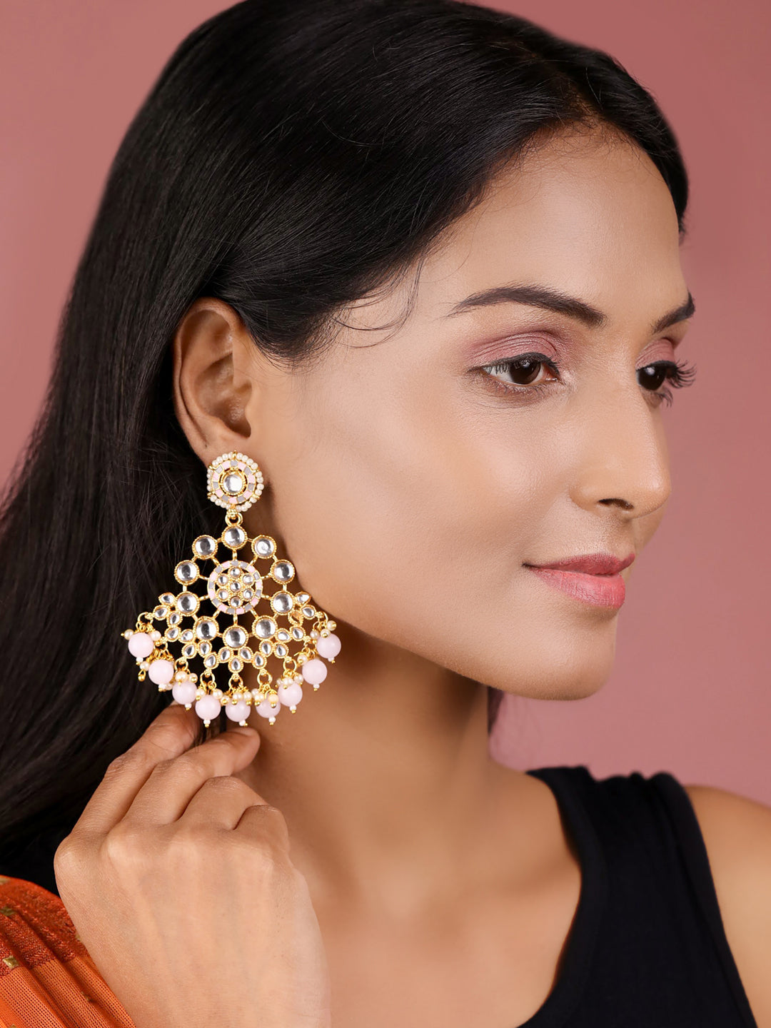 Pink Grey Pearls Kundan Gold Plated Drop Earring