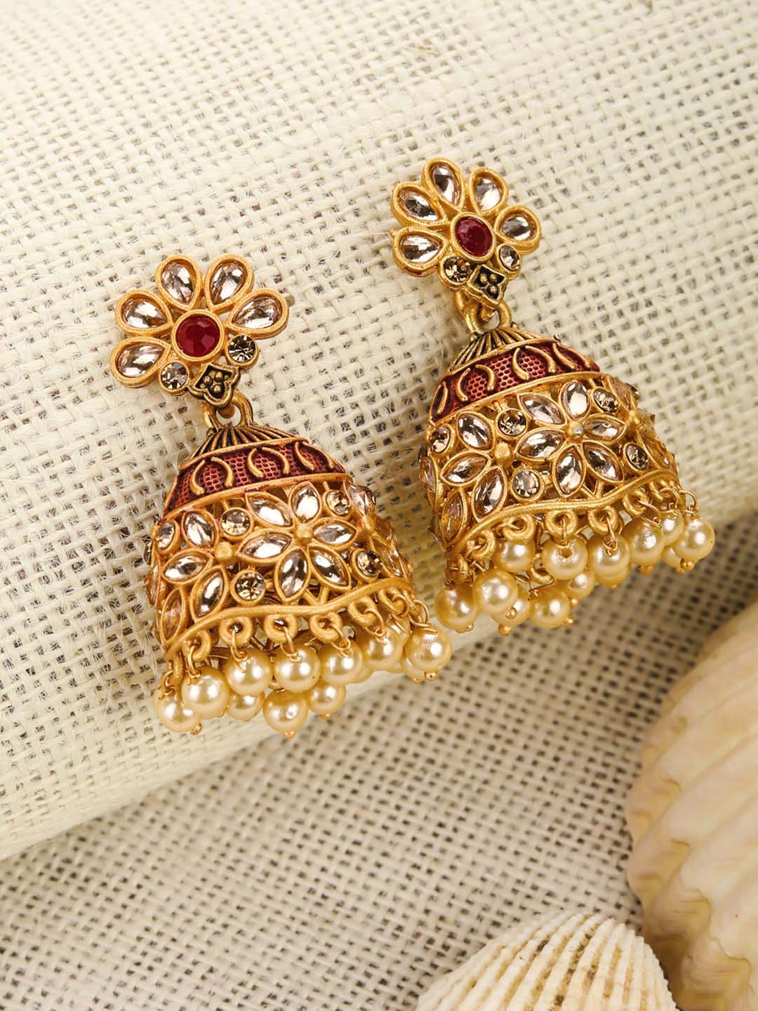 Red Beads Kundan Gold Plated Jhumka Earring