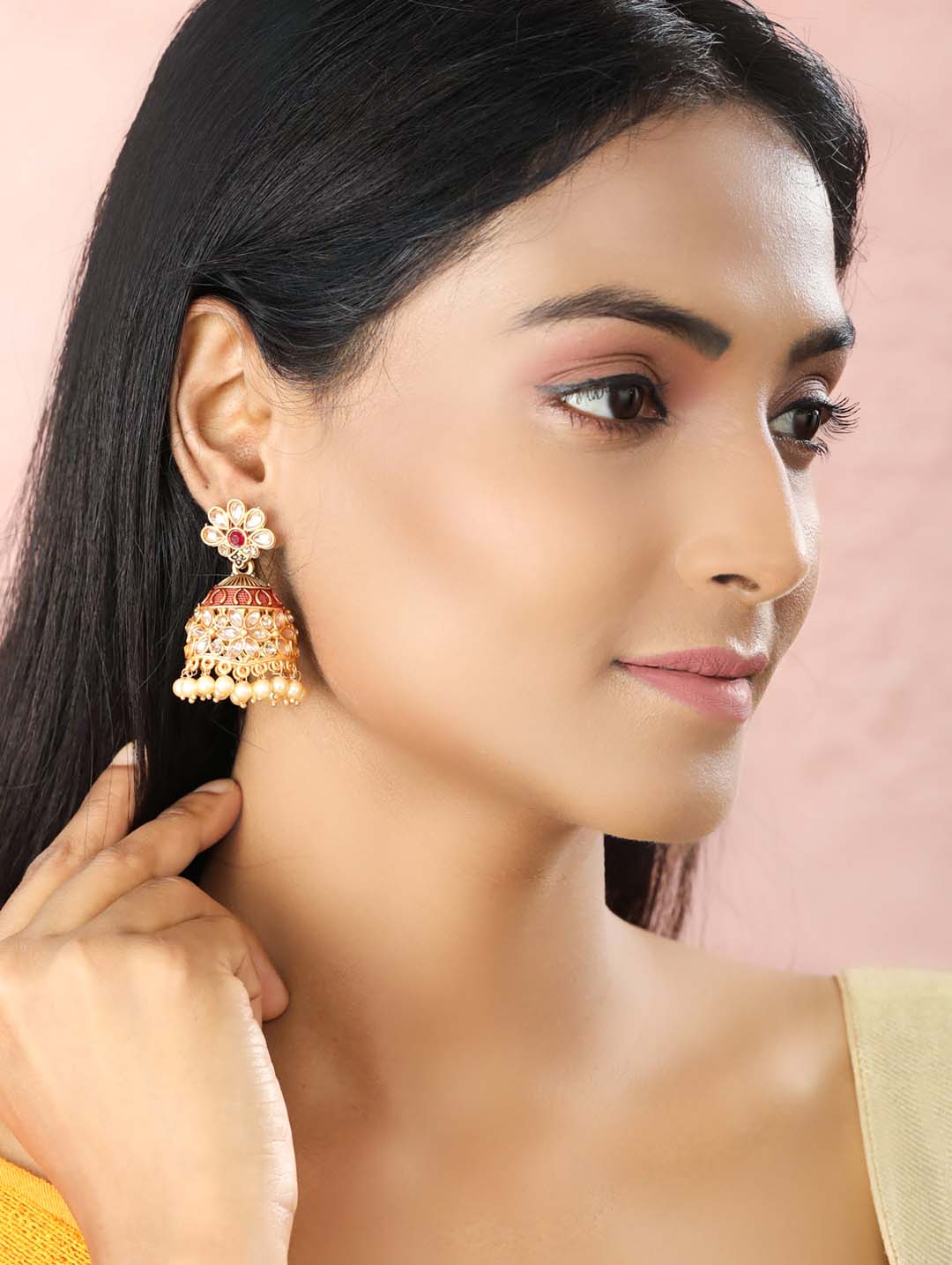 Red Beads Kundan Gold Plated Jhumka Earring