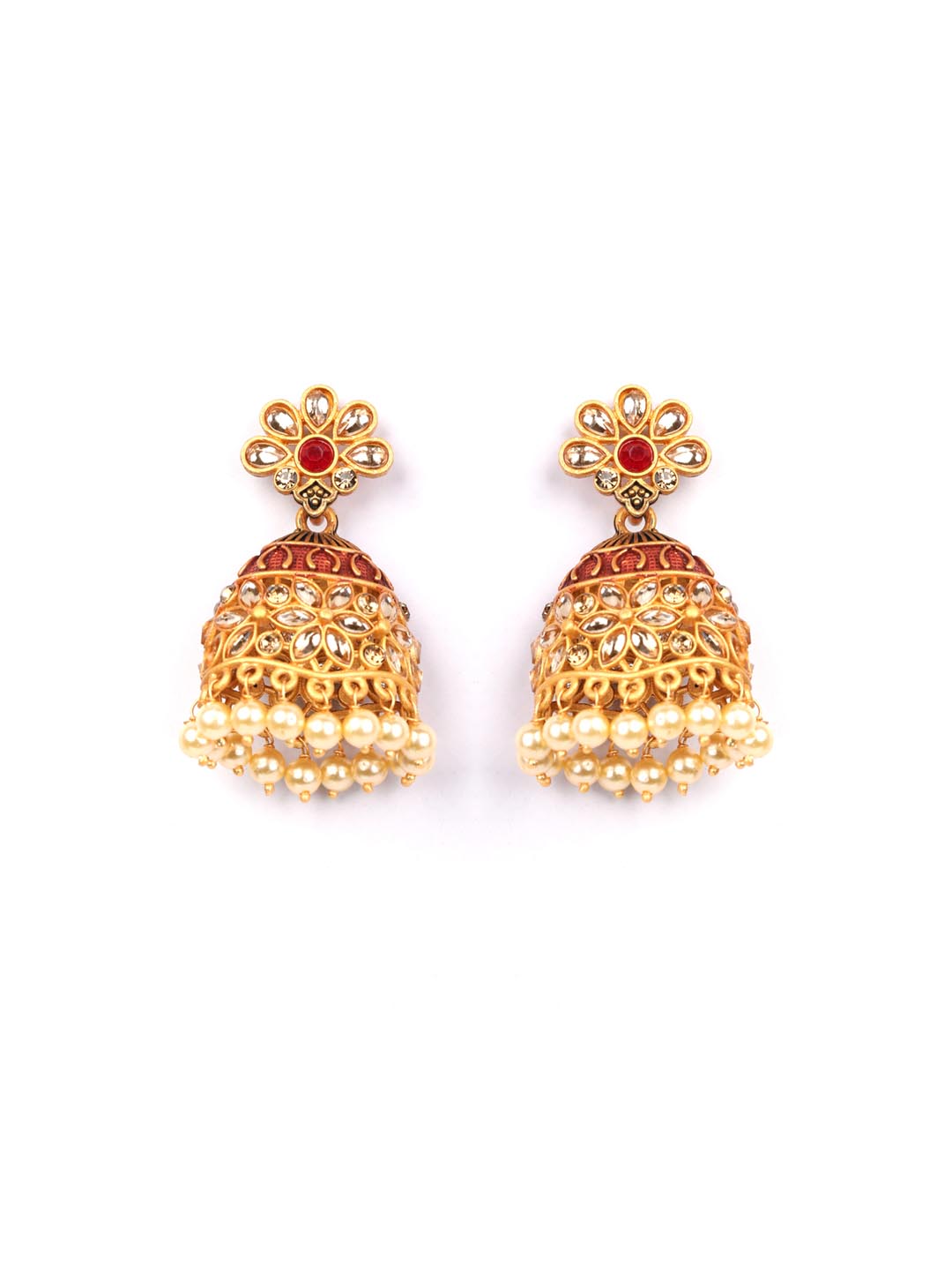 Red Beads Kundan Gold Plated Jhumka Earring