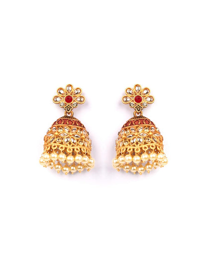 Red Beads Kundan Gold Plated Jhumka Earring
