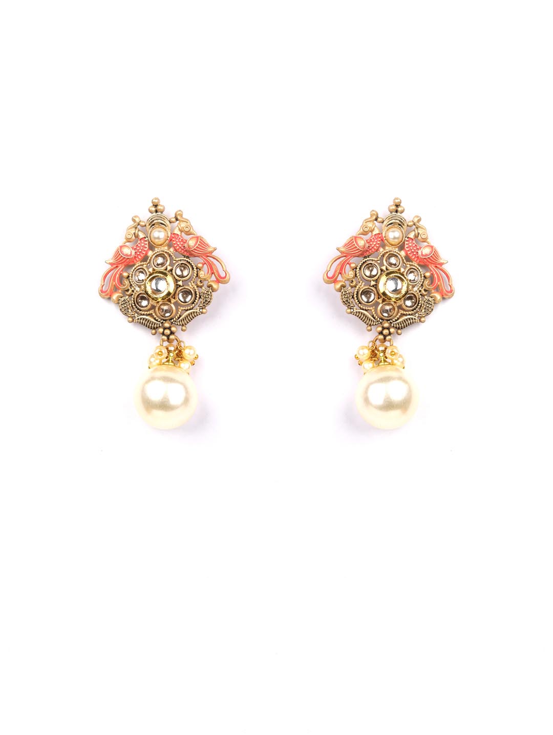 Pink Kundan Pearls Gold Plated Peacock Drop Earring