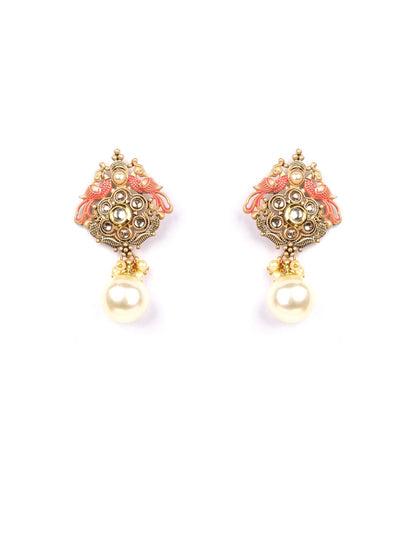 Pink Kundan Pearls Gold Plated Peacock Drop Earring