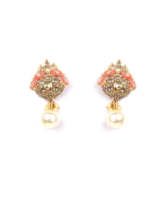 Pink Kundan Pearls Gold Plated Peacock Drop Earring
