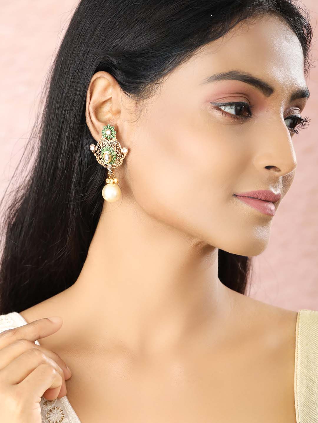 Green Kundan Pearls Gold Plated Floral Drop Earring