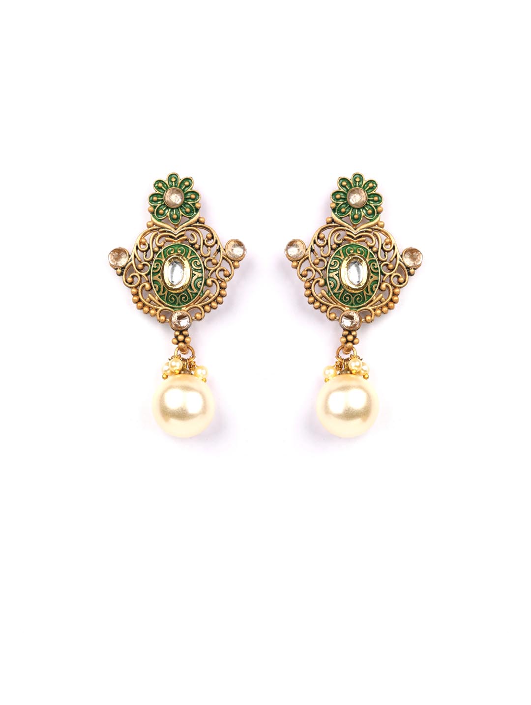 Green Kundan Pearls Gold Plated Floral Drop Earring