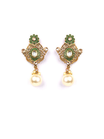 Green Kundan Pearls Gold Plated Floral Drop Earring