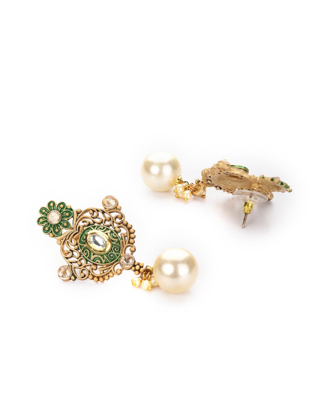 Green Kundan Pearls Gold Plated Floral Drop Earring