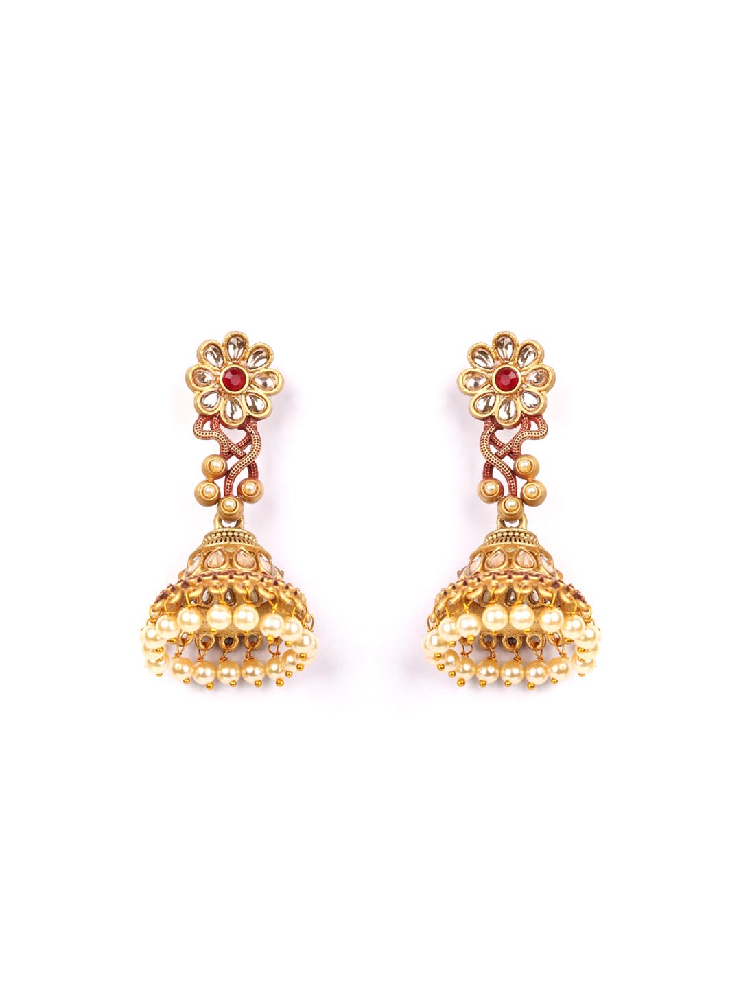Red Kundan Beads Gold Plated Floral Jhumka Earring
