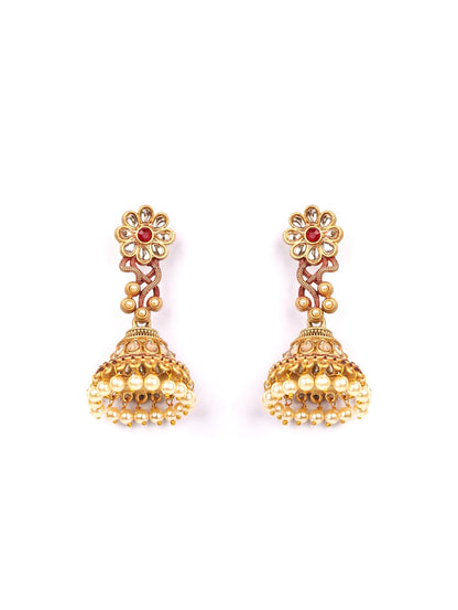 Red Kundan Beads Gold Plated Floral Jhumka Earring