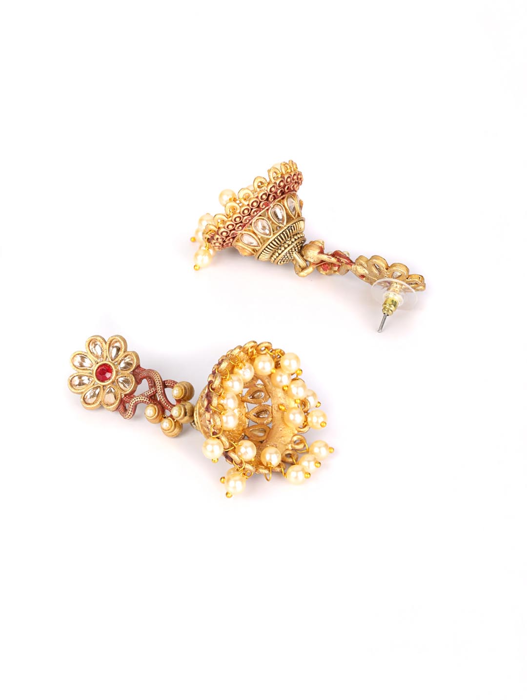 Red Kundan Beads Gold Plated Floral Jhumka Earring