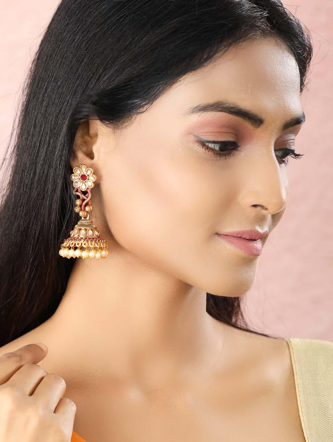 Red Kundan Beads Gold Plated Floral Jhumka Earring