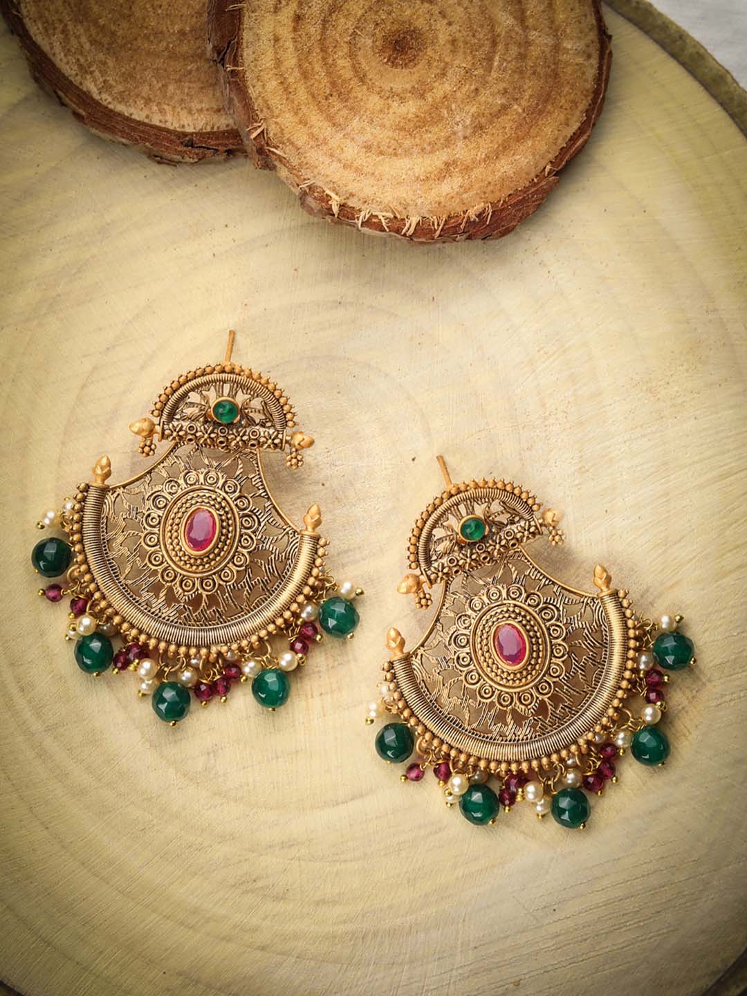 Multi Color Stones Beads Pearls Gold Plated Chandbali Earring