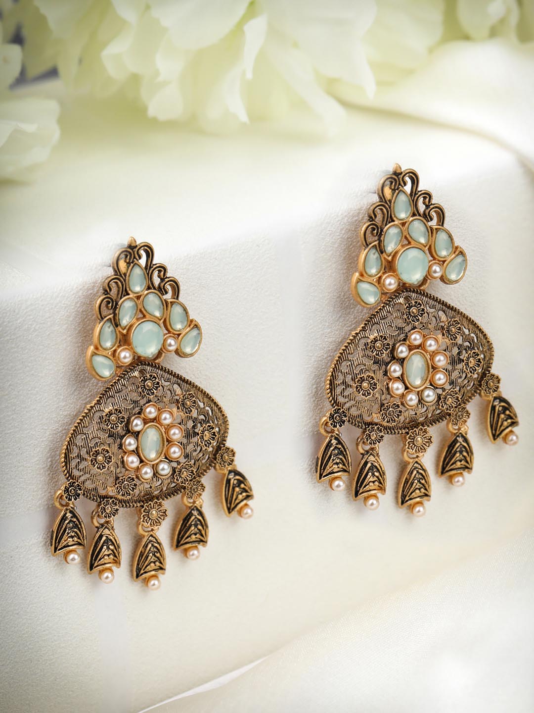 Mint Green Kundan Pearls Gold Plated Chandbali Earring