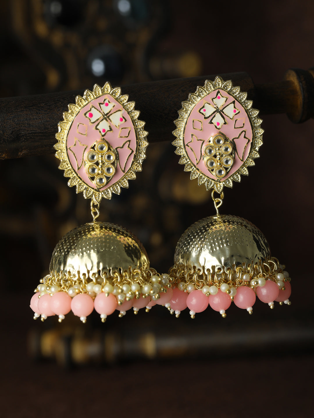 Oversized Pink Kundan Gold Plated Floral Jhumka