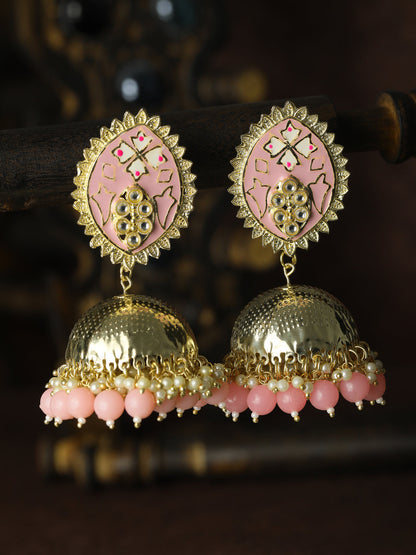 Oversized Pink Kundan Gold Plated Floral Jhumka