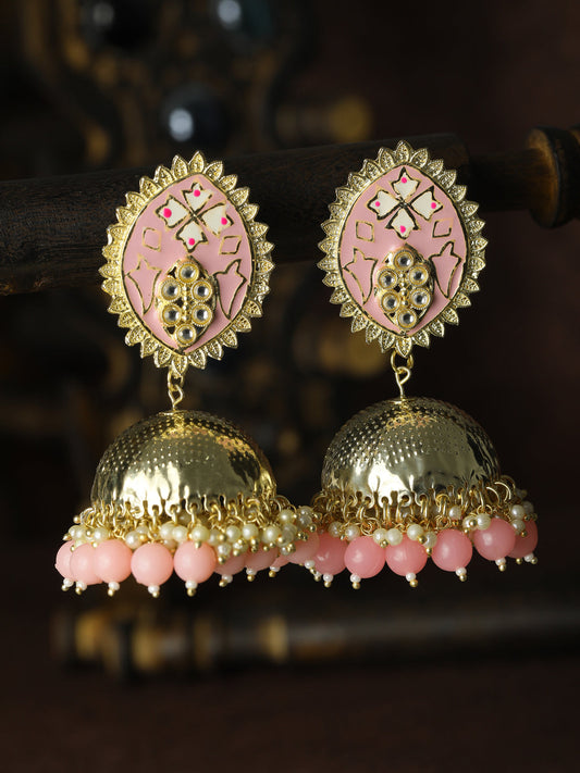 Oversized Pink Kundan Gold Plated Floral Jhumka